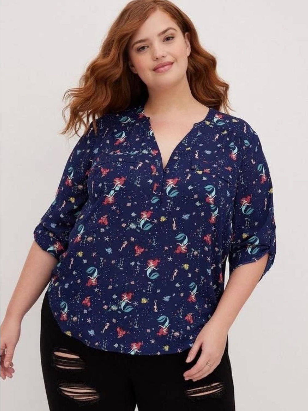 Torrid Disney Princess Ariel The Little Mermaid Chiffon Blouse Roll Sleeve sz 1X